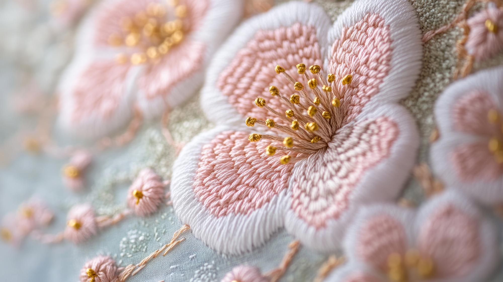 close-up of silk thread floral embroidery