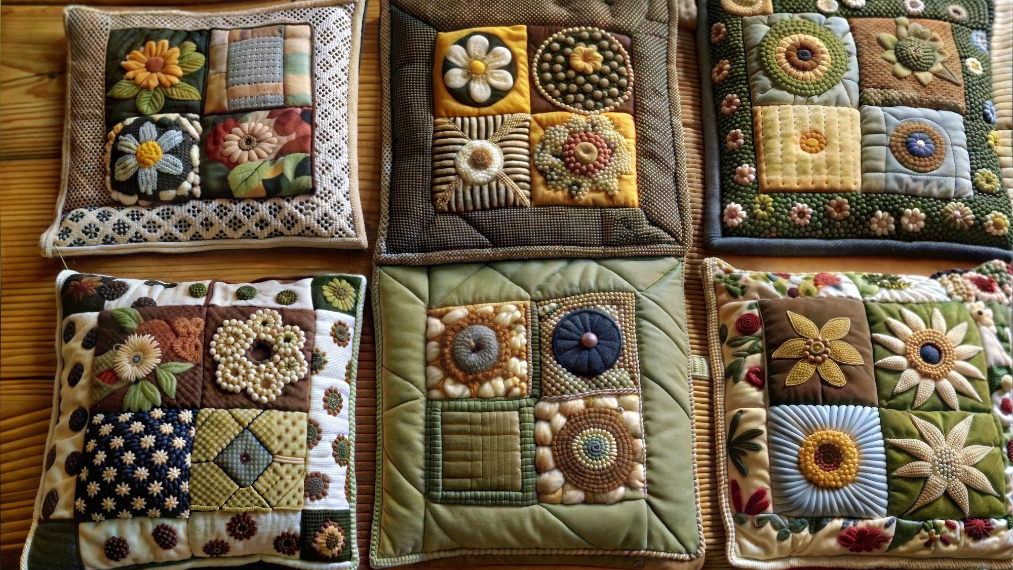 stitched patchwork cushion with mixed motifs